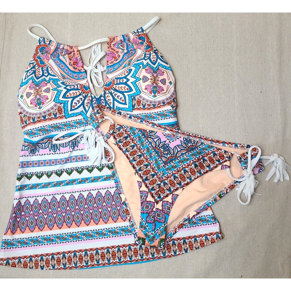 Jessica Simpson 2 Piece Swimsuit Tie Neck Colorful Aztec Southwestern Size M